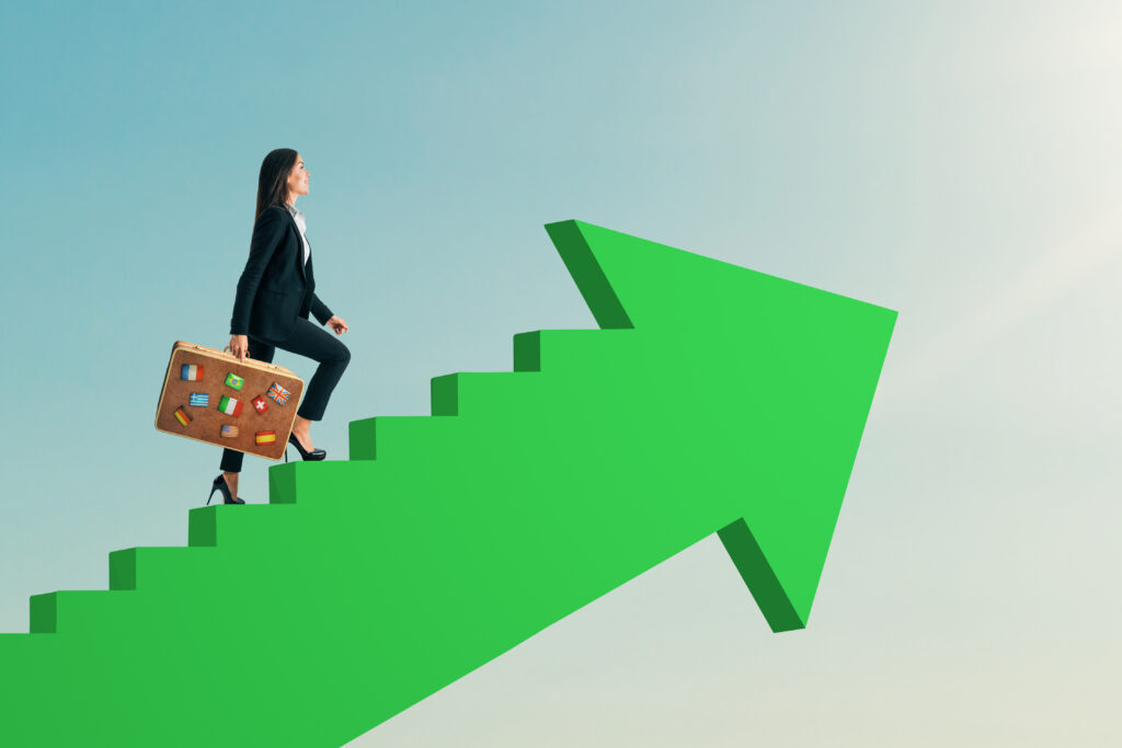 A young professional climbing a green arrow ladder representing career growth opportunities.